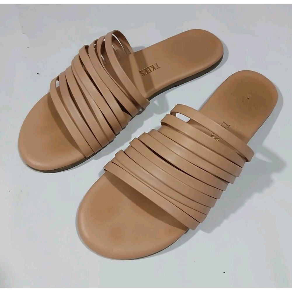 TKEES Caro Leather Slides Sandals Size 7/38 Tan Strappy BrazilTravel Beach